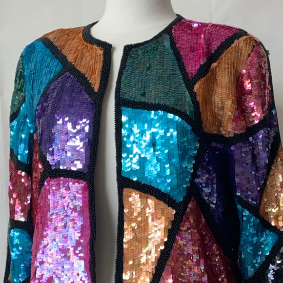 Vintage 80s/90s SCARLET RAGE Sequin Cropped Jacket Size M Multicolour SILK - Picture 2 of 12